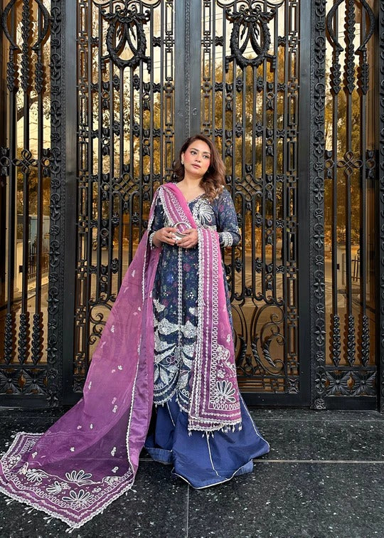 Woman in traditional attire standing in front of an ornate gate