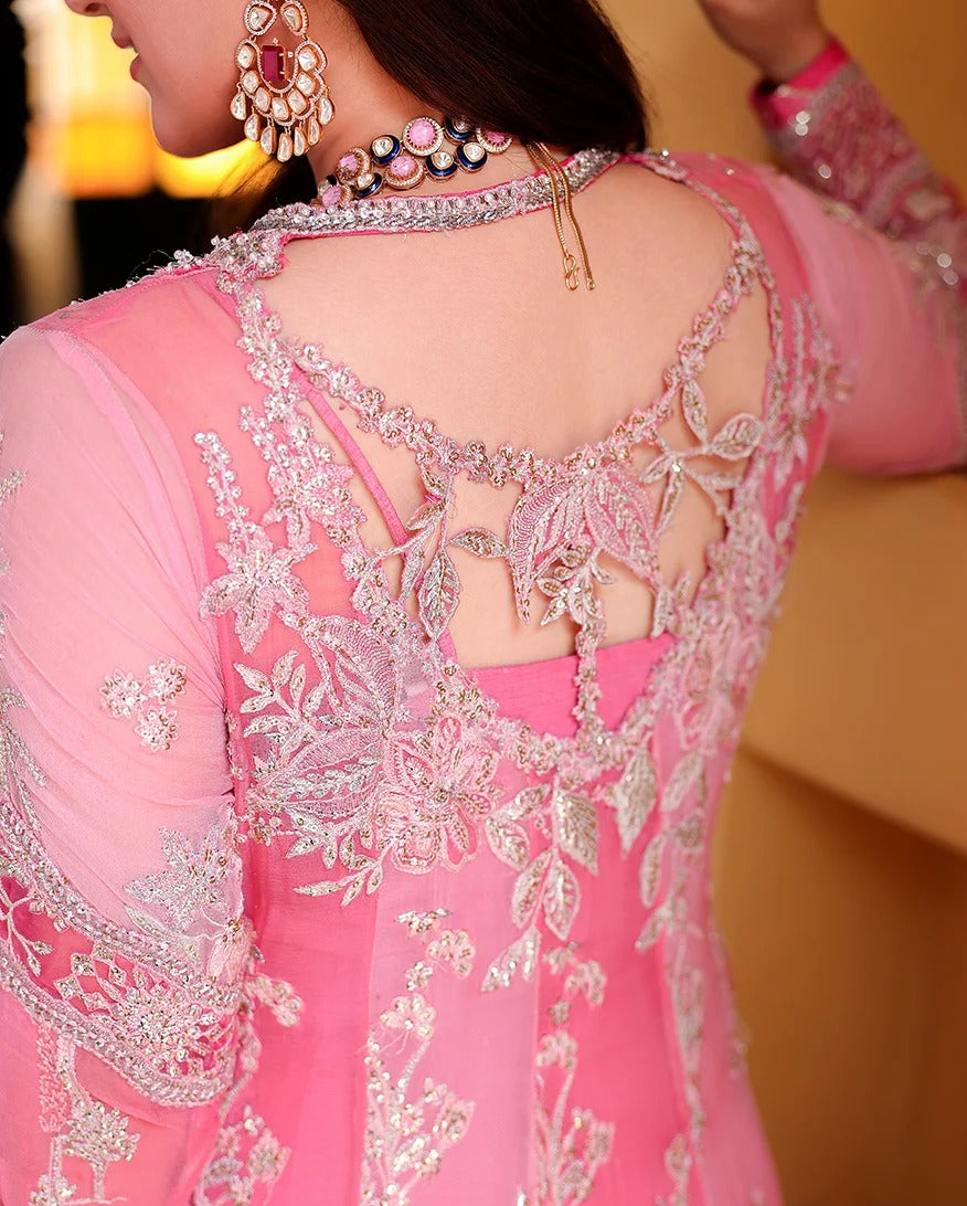 Close-up back view of a woman wearing a pink embellished traditional outfit with intricate silver embroidery, sheer sleeves, and a decorative open back.