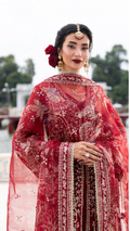 Woman wearing a red traditional outfit with intricate patterns and jewelry.
