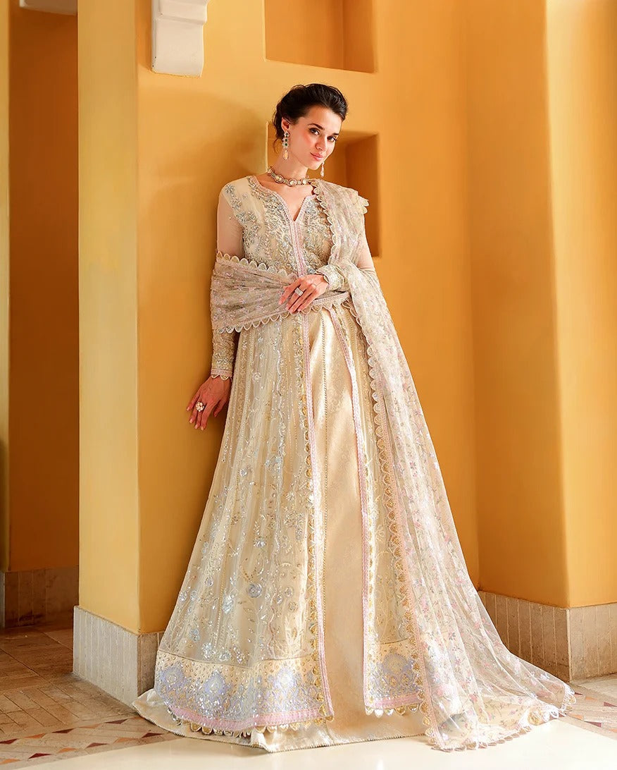 A woman models a traditional Indian anarkali gown with a matching embroidered dupatta, set against a warm ochre-colored architectural background.