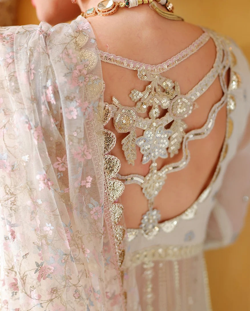 Close-up back view of a woman wearing a light pink and white embellished traditional dress with intricate silver beadwork and floral embroidery, paired with a sheer pink dupatta.