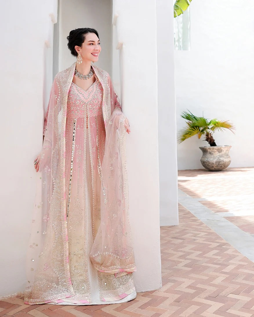 A woman wearing a traditional pink and gold embroidered gown with a sheer matching outer layer, standing in a white architectural corridor with tiled flooring and a potted plant in the background.