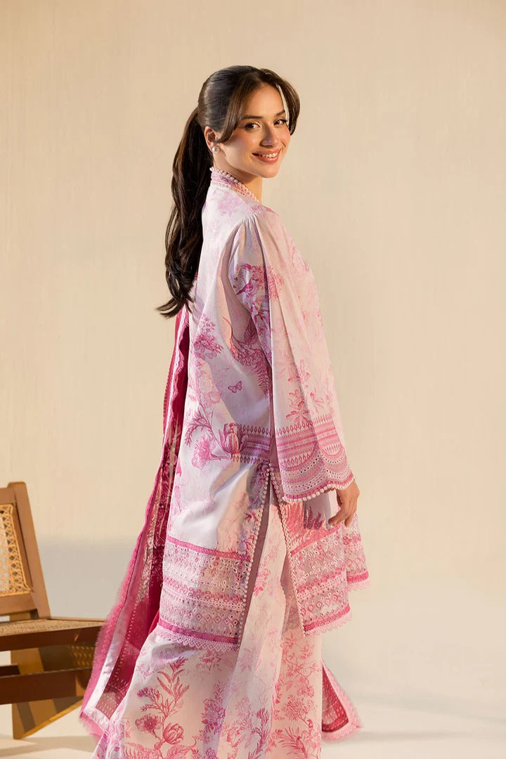 Woman wearing a pink and white traditional outfit with a floral pattern on a beige background