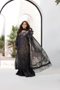 Woman in a black embroidered dress with a matching scarf against a white background