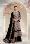 A woman models an ornate black and silver embroidered traditional outfit with a matching sheer dupatta, set against a decorative arched backdrop with pink blossoms. The brand name 'ASIM JOFA' is visible in the top left corner.