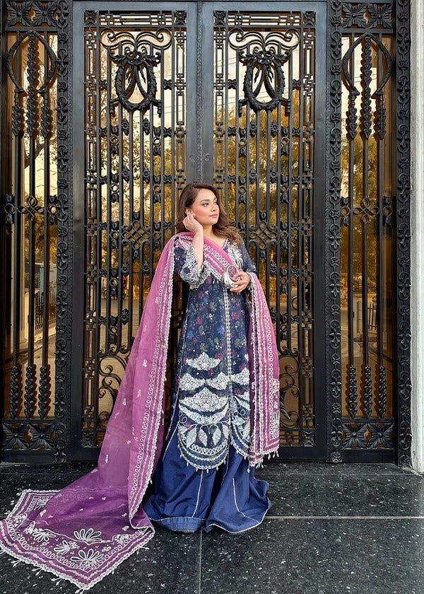 Woman in traditional blue and pink outfit standing in front of ornate metal gates.