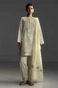 Woman wearing a traditional outfit with embroidered top and pants, holding a matching dupatta.