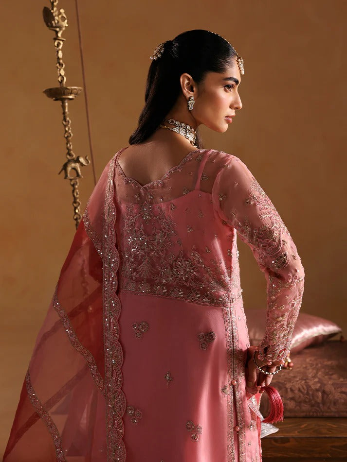 Woman in a pink traditional outfit with intricate designs, standing against a warm-toned background.