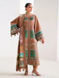 Woman wearing a patterned traditional outfit on a white background