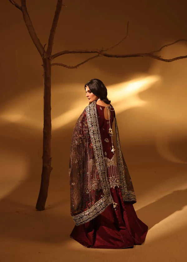 Woman in a traditional maroon and gold outfit standing against a warm-toned background with a tree.