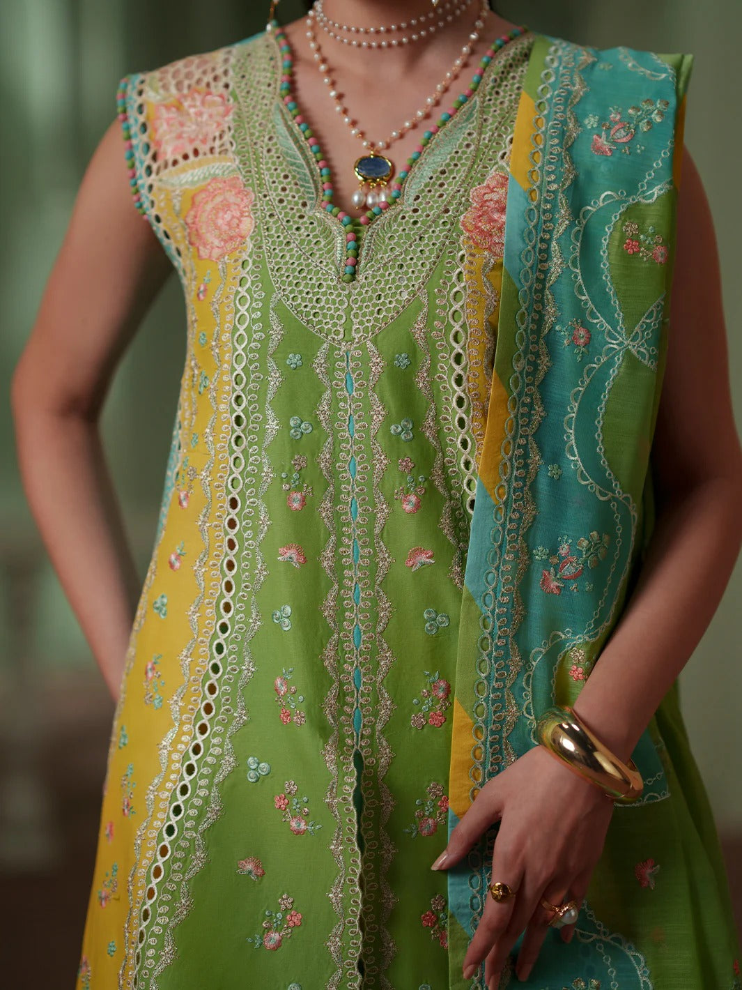 Colorful embroidered traditional outfit with intricate patterns