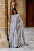 A woman wearing a long silver embroidered traditional outfit with a sheer matching dupatta, standing in a stone corridor with warm beige walls and a dark wooden door in the background.