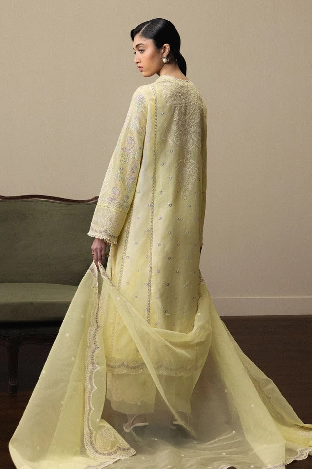 Woman wearing a light green traditional outfit with a sheer dupatta in a room.