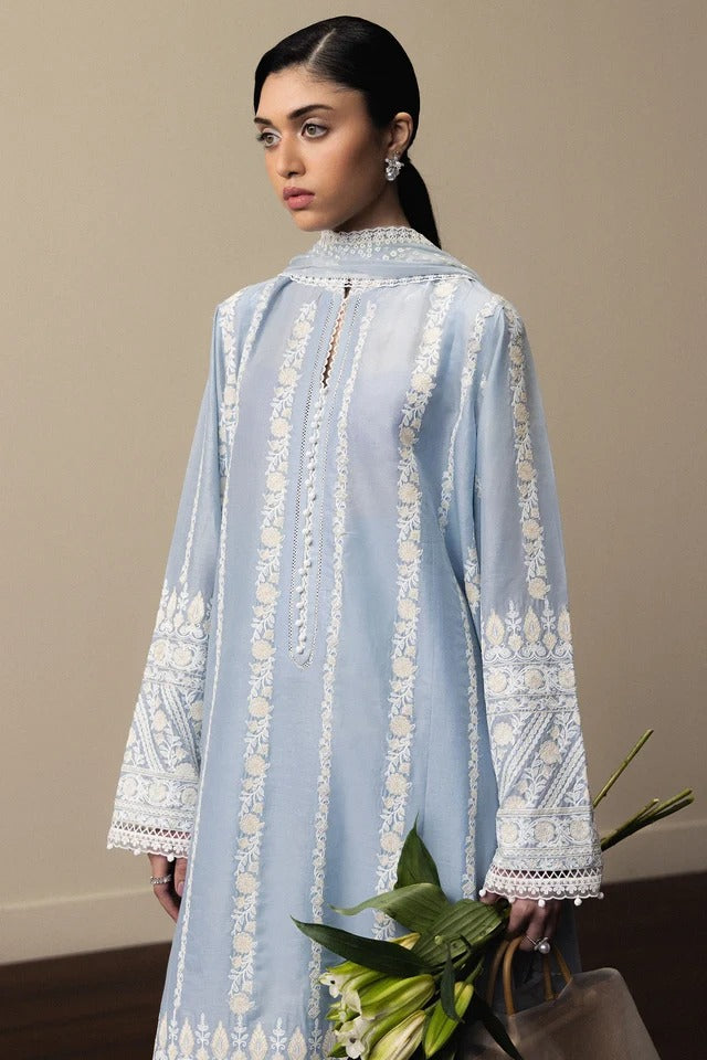 Woman wearing a light blue embroidered dress holding green leaves against a neutral background