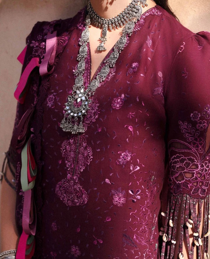 Close-up of a person wearing a burgundy embroidered dress with a detailed necklace.