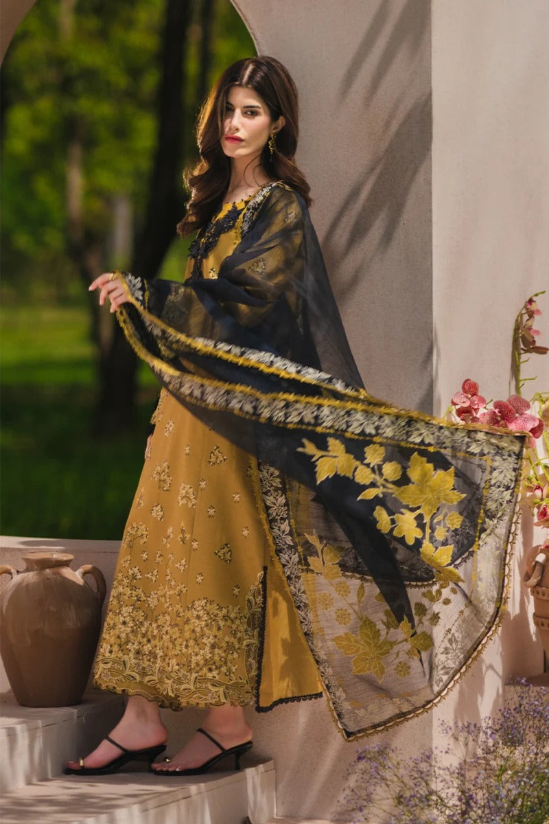 Woman in traditional yellow and black embroidered outfit holding a matching dupatta.