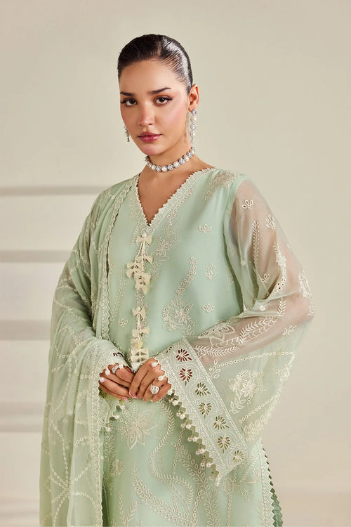 A woman modeling a light sage green traditional outfit with intricate white embroidery, sheer long sleeves, and a matching dupatta against a soft beige background.