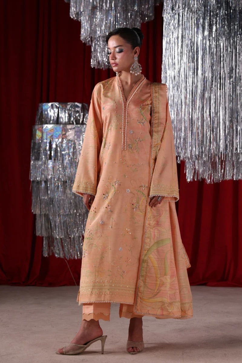 A woman models a peach-colored embroidered traditional outfit with matching pants, standing in front of a red curtain and silver hanging decorations.