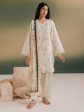 A woman models a traditional three-piece salwar kameez suit in cream with pink floral embroidery, featuring a matching dupatta with a green border, set against a neutral studio backdrop.
