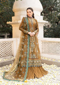 Woman in a traditional embroidered outfit standing in a decorative setting with white pillars and floral decorations.