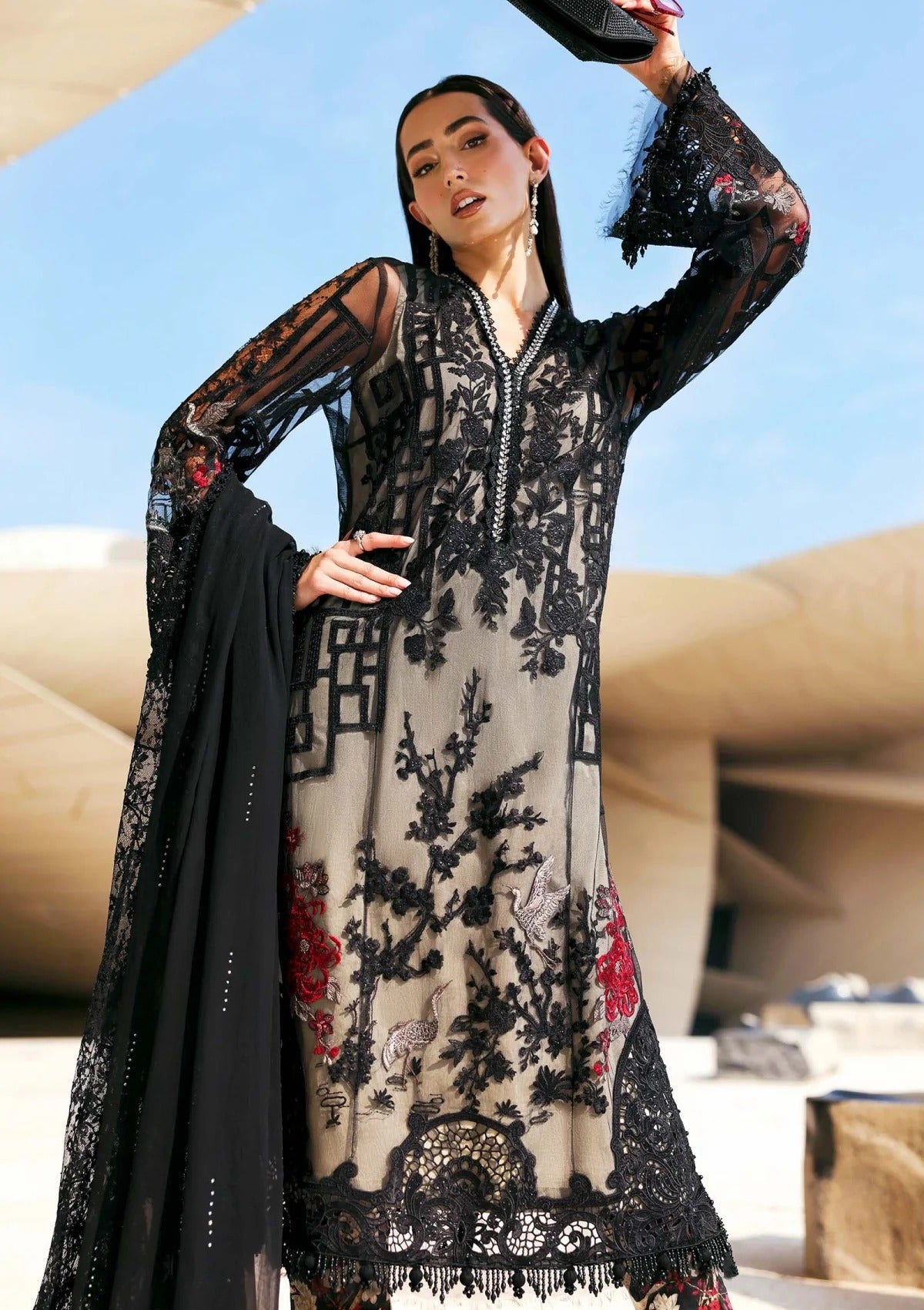 Woman wearing a black and white embroidered dress with sheer sleeves against a blue sky.