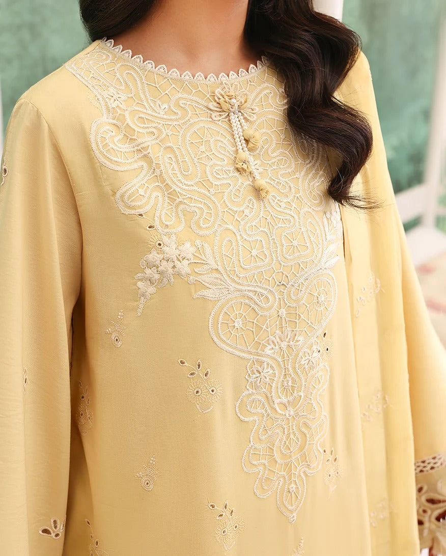 Yellow embroidered dress with intricate patterns on a blurred background