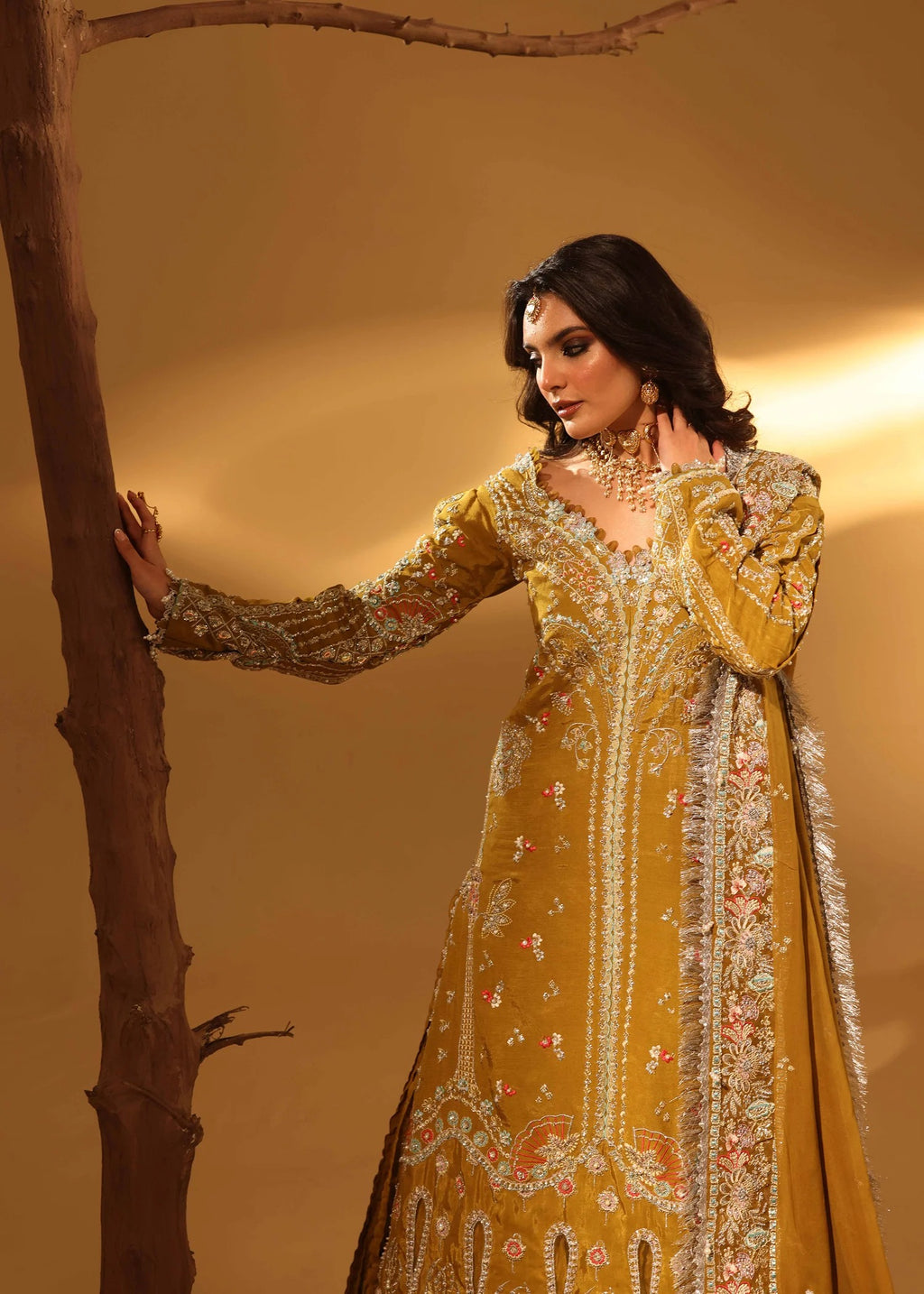 Woman in a yellow and gold embroidered traditional outfit against a warm-toned background