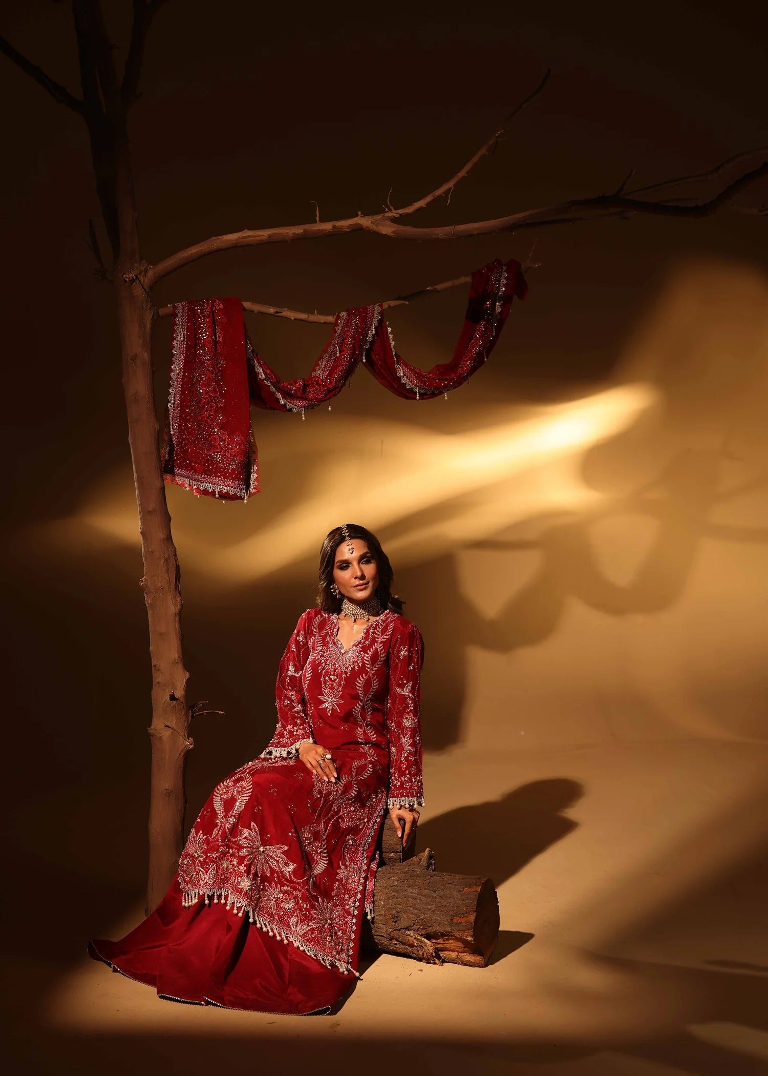 Woman in a red traditional outfit standing under a tree with draped fabric in a warm-toned setting.
