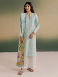 A woman modeling a light blue-green embroidered kurta with a floral print panel, paired with white pants and sandals, set against a gradient studio background.