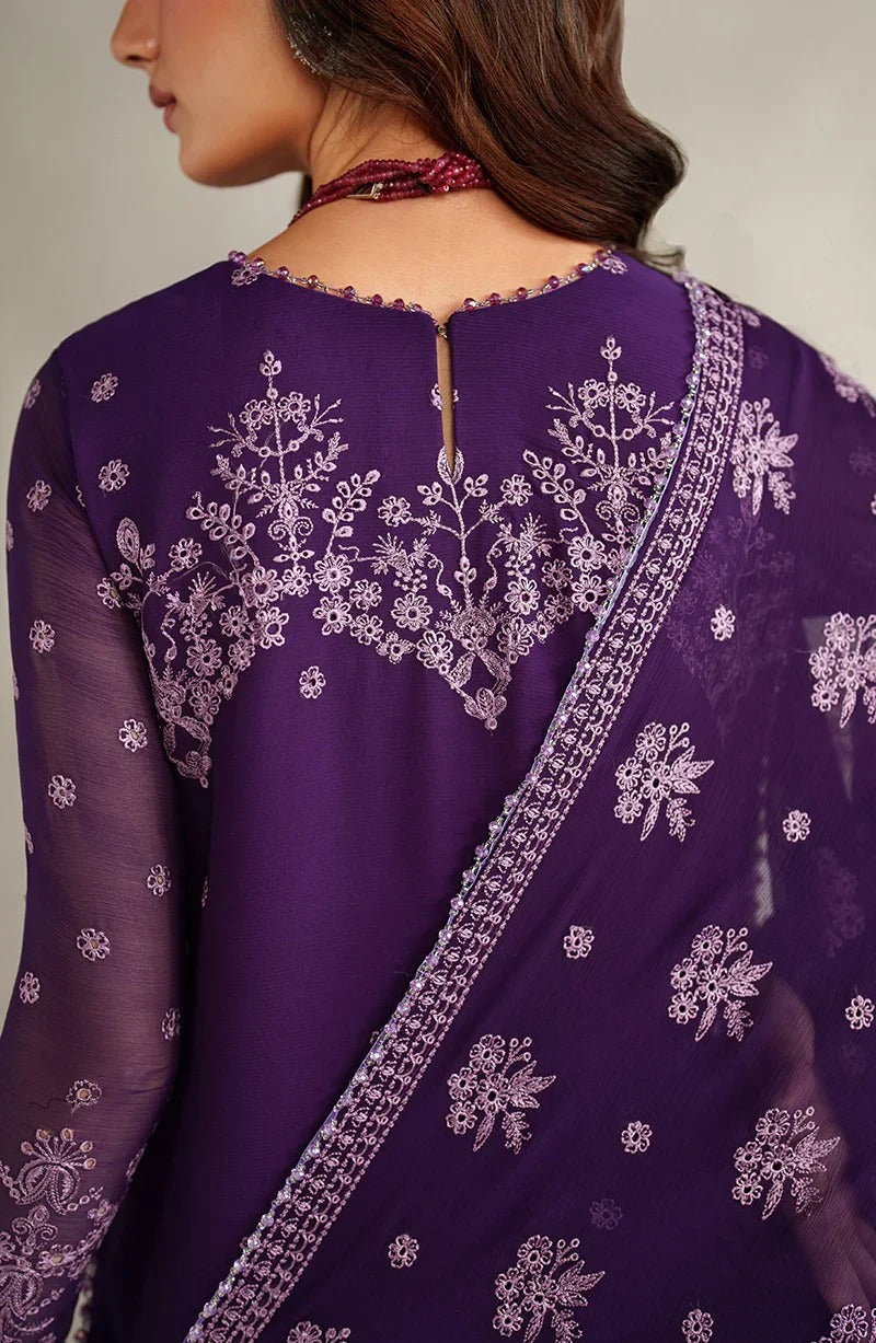 Purple embroidered traditional outfit with a close-up of the back design.