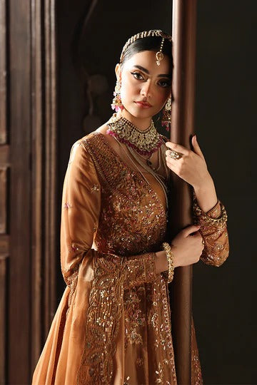 Woman in traditional embellished outfit with jewelry, standing against a dark background.