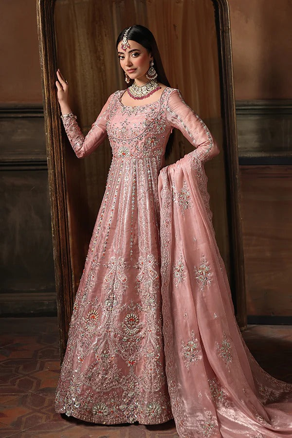 Woman in a pink embroidered traditional gown with a matching dupatta against a wooden panel background.