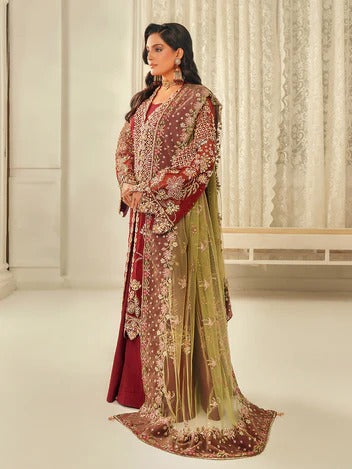 Woman in traditional embroidered outfit with a sheer dupatta in a minimalistic setting