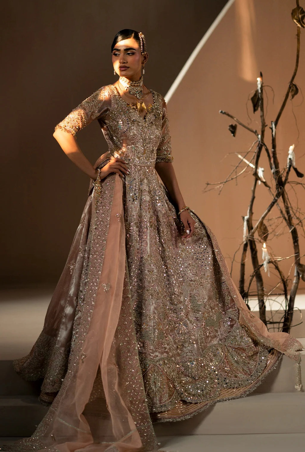 A model wears an ornate, heavily embellished floor-length gown with sheer sleeves and a dramatic train, posed against a warm brown studio backdrop with decorative branches on the right.