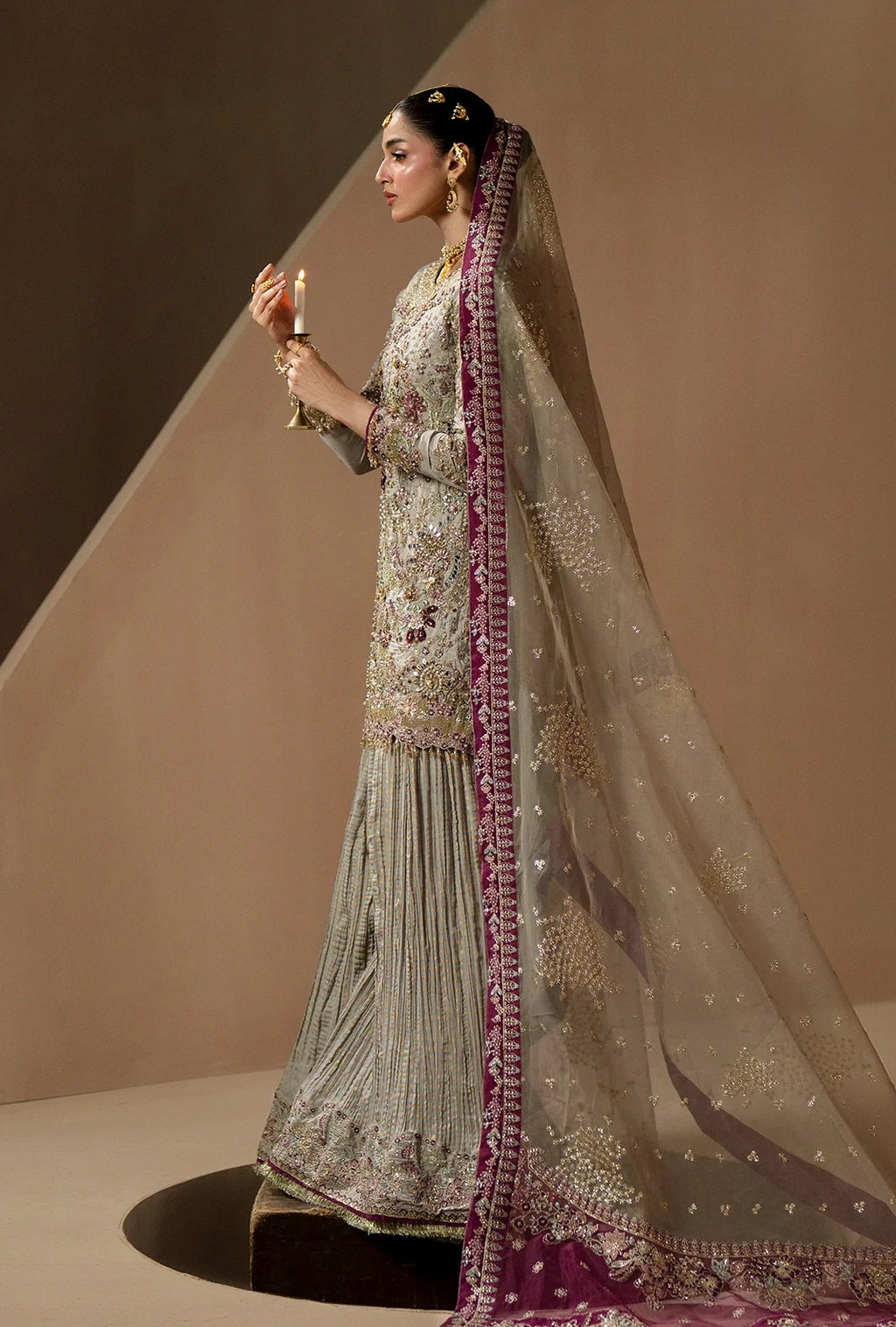 A woman modeling an ornate traditional outfit with a long sheer dupatta, featuring intricate silver and gold embroidery on a light gray-beige fabric with a contrasting deep purple border, set against a minimalist beige studio background.