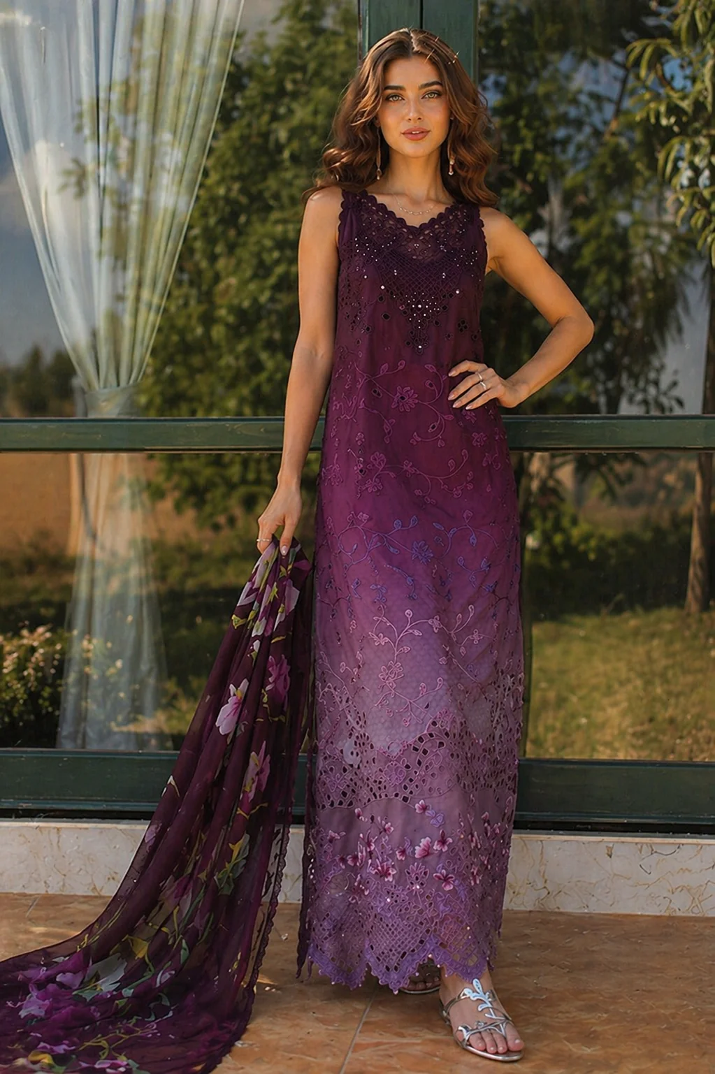 Woman in a purple lace dress holding a matching scarf outdoors.