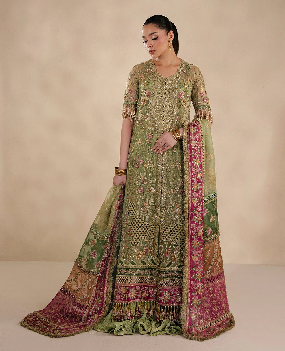 Woman wearing a traditional embroidered outfit with a beige background