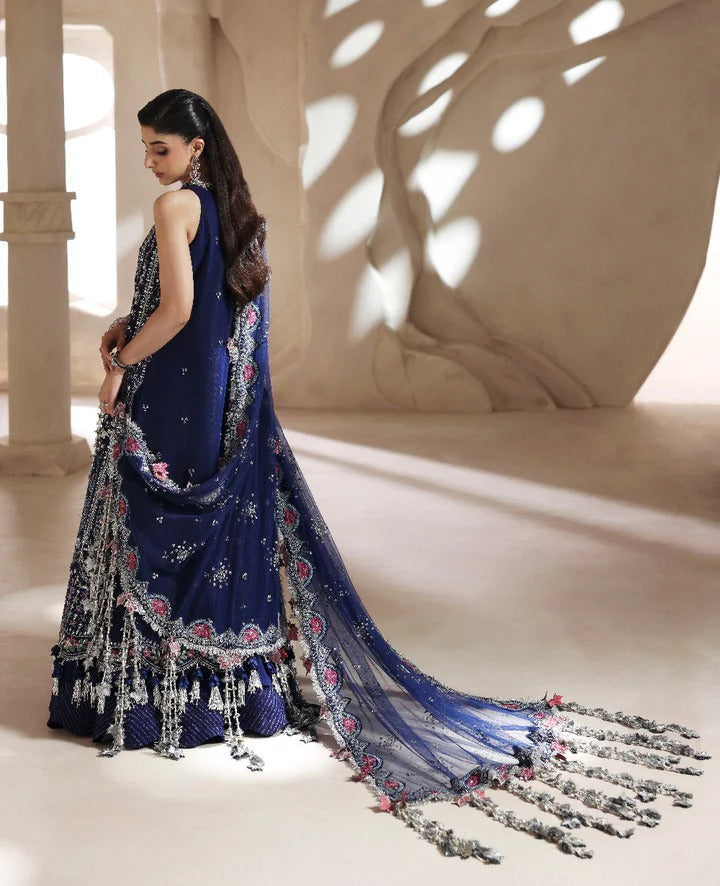 Woman in a blue embroidered saree with a decorative backdrop