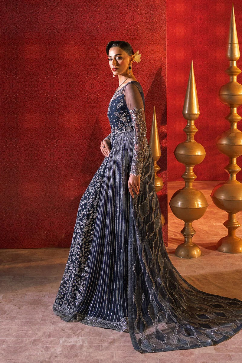 Woman in a dark blue saree with gold patterns against a red wall.
