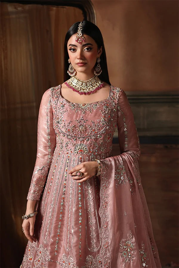 Woman in a pink embroidered traditional outfit with jewelry against a warm-toned background