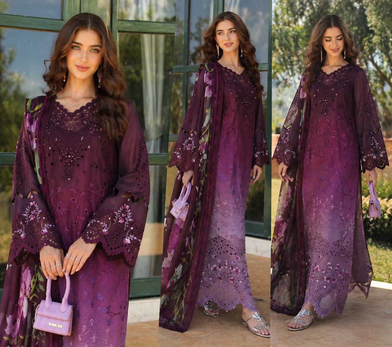 Woman wearing a purple lace outfit with a matching handbag, standing outdoors.