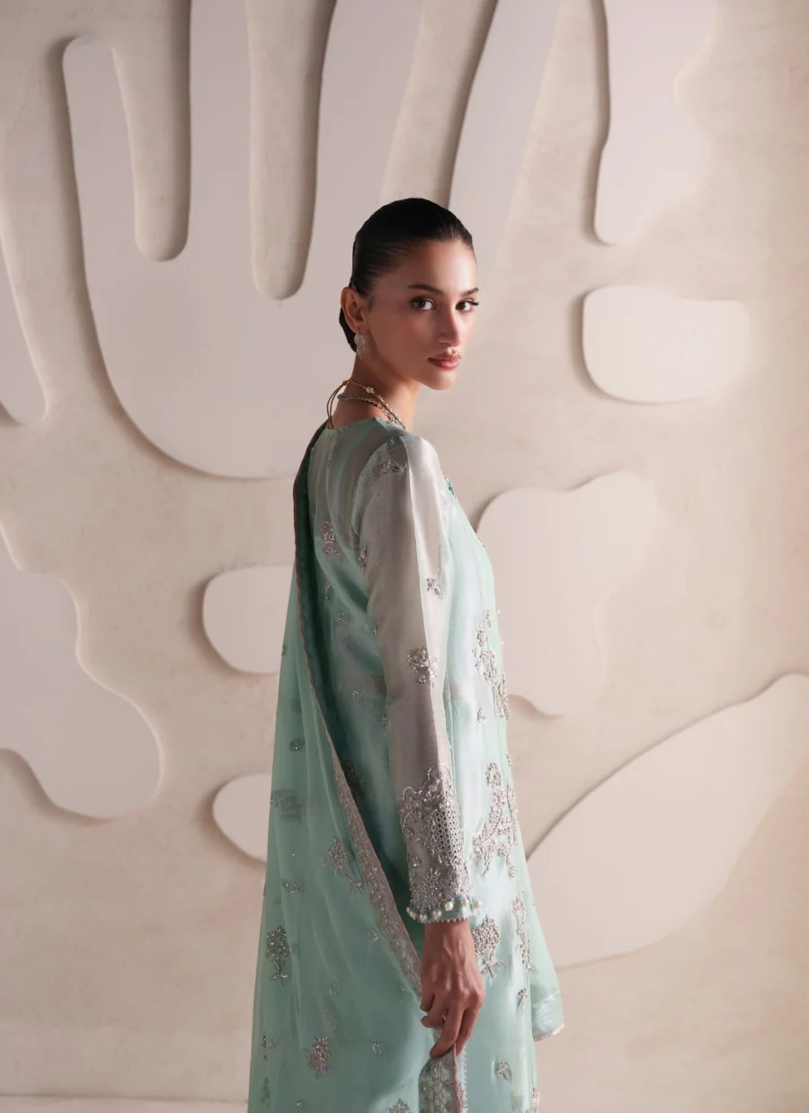 A woman wearing a mint green traditional outfit with silver embroidery and sheer sleeves, standing against a beige sculptural wall.