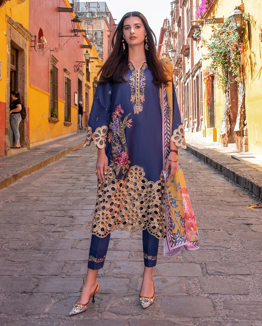 Woman in traditional outfit walking down a colorful street