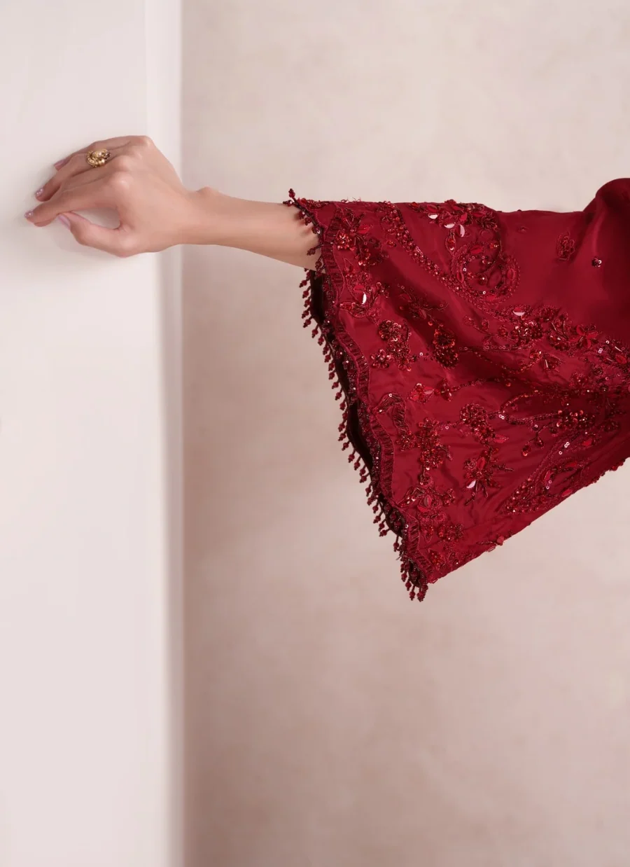 A close-up of a person's hand resting against a light beige wall, wearing a deep red embellished sleeve with beadwork and fringe trim.