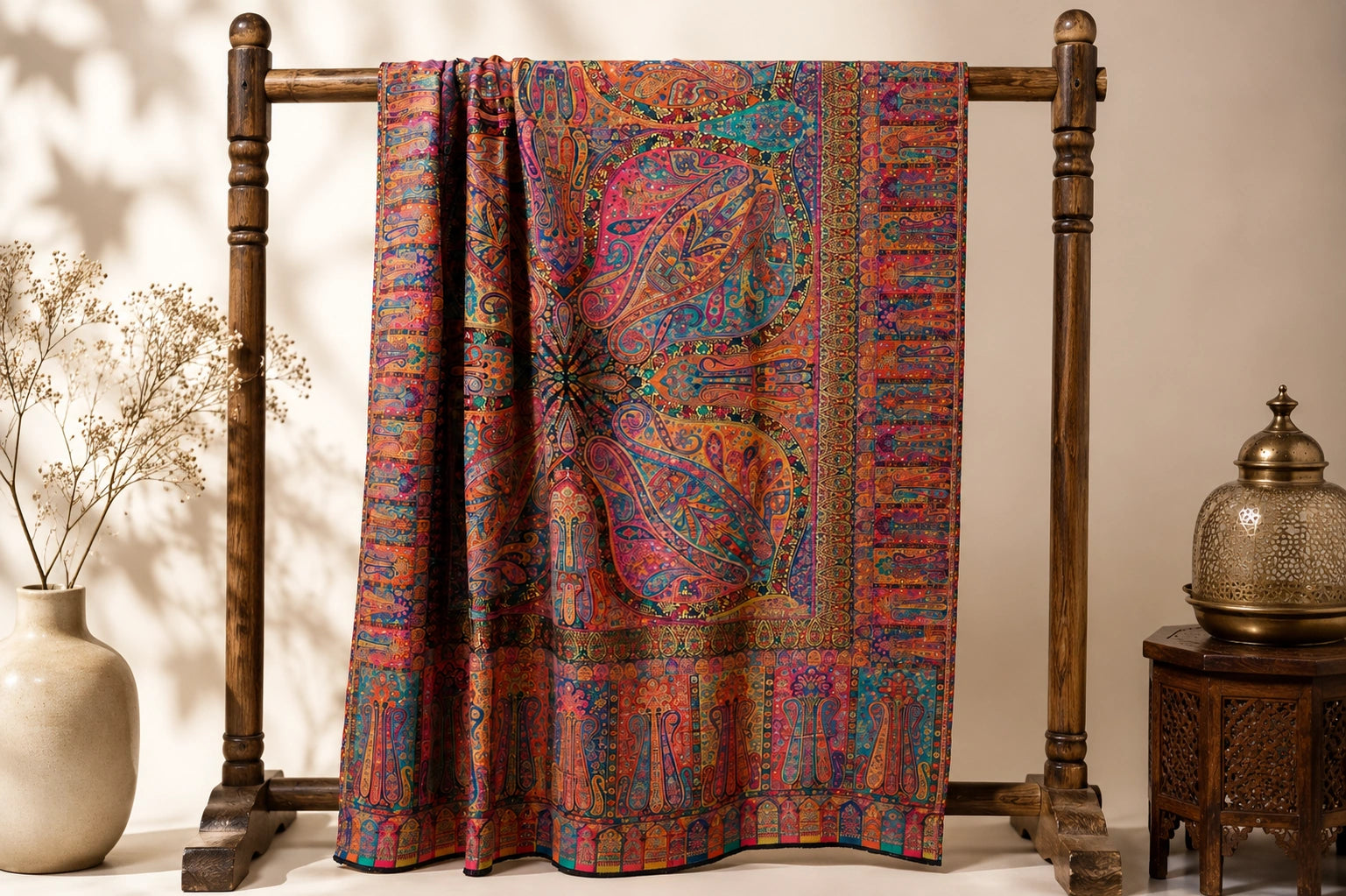 Colorful patterned fabric draped over a wooden rack with a neutral background